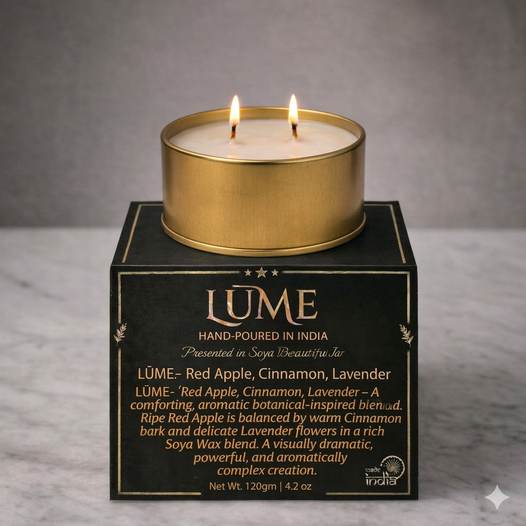LÜME Luxury Double Wick Soy Wax Candle – Red Apple, Cinnamon & Lavender (Gold Jar)