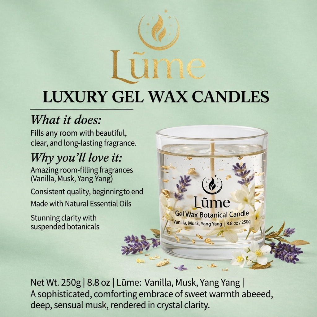 LÜME Noir Elixir Luxury Gel Candle – Vanilla, Black Oud & White Musk