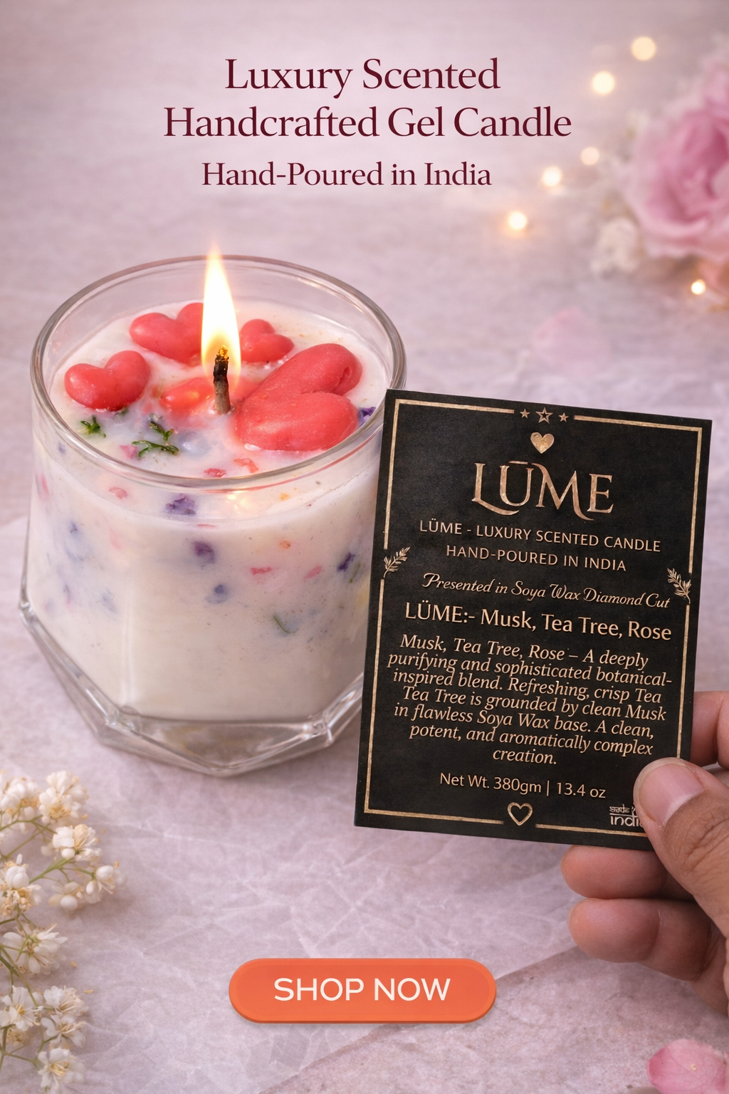 LÜME Crimson Hearts Luxury Soy Wax Candle – Musk, Tea Tree & Rose